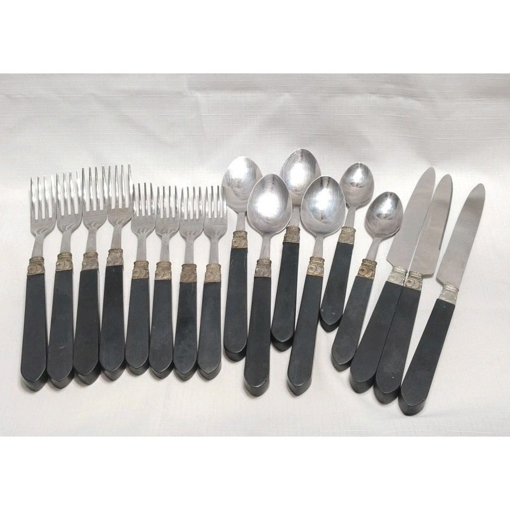 Retroneu Thailand Stainless LET'S EAT Black Handle Set 8 Forks 6 Spoons 3 Knives